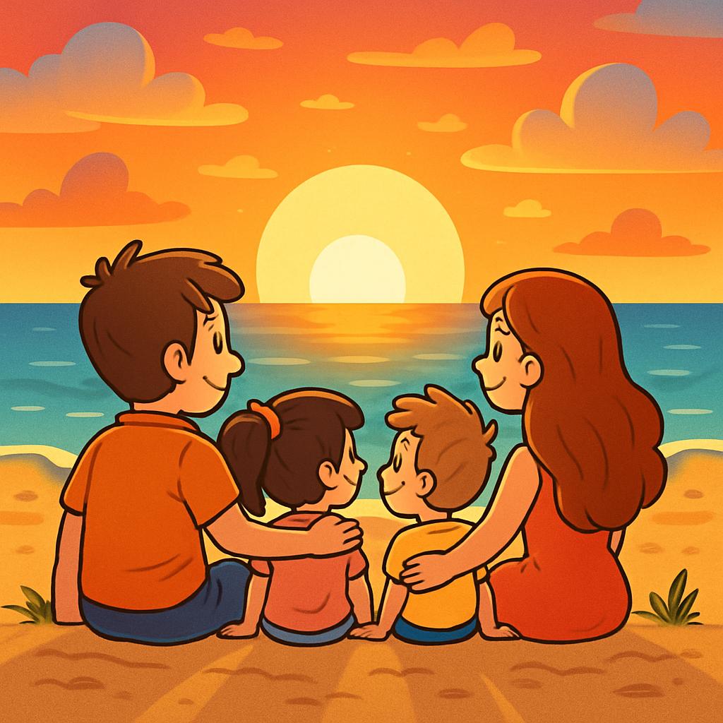 Family watching sunset on beach Blank Meme Template