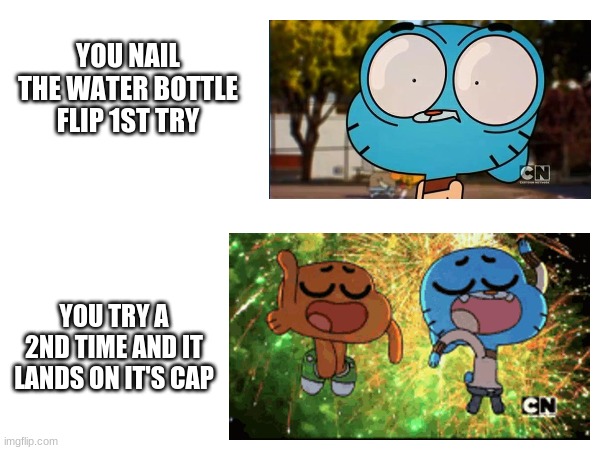 I've always wanted to land a water bottle flip... | YOU NAIL THE WATER BOTTLE FLIP 1ST TRY; YOU TRY A 2ND TIME AND IT LANDS ON IT'S CAP | image tagged in the amazing world of gumball,bottle,relatable memes | made w/ Imgflip meme maker