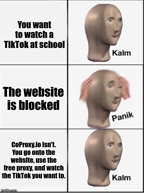 CoProxy | You want to watch a TikTok at school; The website is blocked; CoProxy.io isn't. You go onto the website, use the free proxy, and watch the TikTok you want to. | image tagged in reverse kalm panik | made w/ Imgflip meme maker