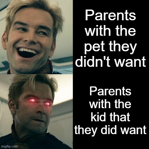 The love is impeccable | Parents with the pet they didn't want; Parents with the kid that they did want | image tagged in homelander happy angry,memes,funny,parents,so true,relatable memes | made w/ Imgflip meme maker