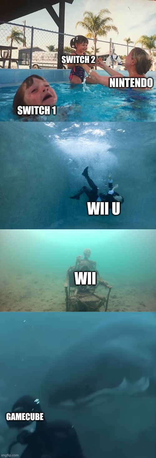 Nintendo right now | SWITCH 2; NINTENDO; SWITCH 1; WII U; WII; GAMECUBE | image tagged in mother ignoring kid drowning in a pool extended template,shark | made w/ Imgflip meme maker