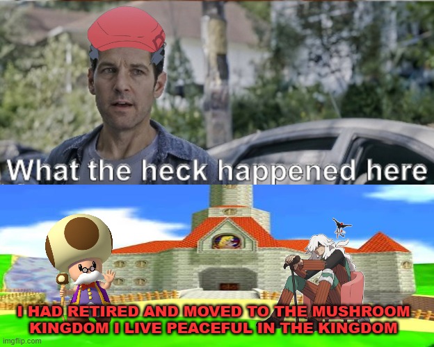 what the heck happened in the mushroom kingdom ? | I HAD RETIRED AND MOVED TO THE MUSHROOM KINGDOM I LIVE PEACEFUL IN THE KINGDOM | image tagged in antman what the heck happened here,super mario bros,pokemon memes,pokemon legends,video games,crossover memes | made w/ Imgflip meme maker