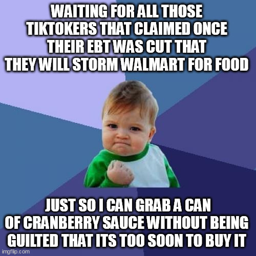 Waiting for all those tiktokers that claimed once their ebt was cut that they will storm walmart for food | WAITING FOR ALL THOSE TIKTOKERS THAT CLAIMED ONCE THEIR EBT WAS CUT THAT THEY WILL STORM WALMART FOR FOOD; JUST SO I CAN GRAB A CAN OF CRANBERRY SAUCE WITHOUT BEING GUILTED THAT ITS TOO SOON TO BUY IT | image tagged in memes,success kid,politics,ebt,walmart,holidays | made w/ Imgflip meme maker