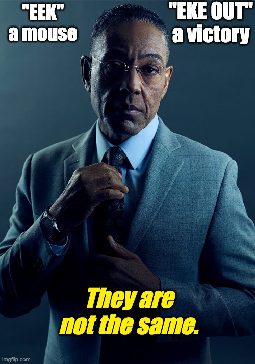 Gus Fring we are not the same | "EEK" a mouse "EKE OUT"
a victory They are not the same. | image tagged in gus fring we are not the same | made w/ Imgflip meme maker