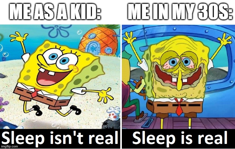 sleep isn't real (kid) vs sleep is real (30s) | ME AS A KID:        ME IN MY 30S: | image tagged in sleep isn't real vs sleep is real | made w/ Imgflip meme maker
