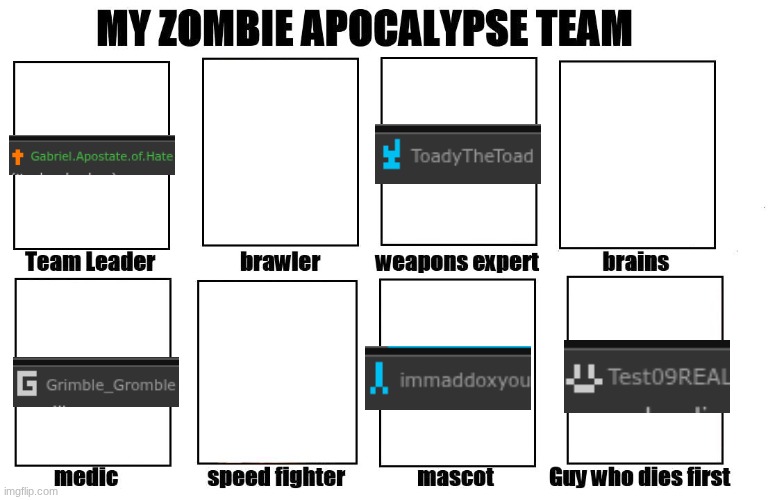 who else wanna join | image tagged in my zombie apocalypse team | made w/ Imgflip meme maker