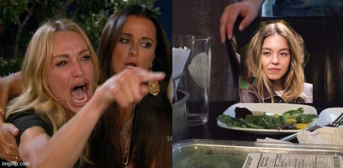 Sydney Sweeny and Shouting woman Blank Meme Template