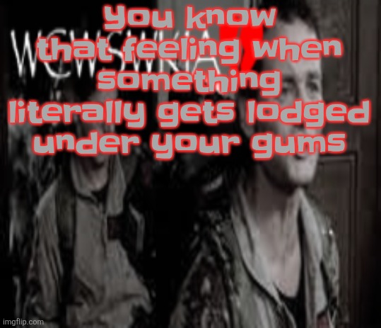 All my popcorn eaters rise up | You know that feeling when something literally gets lodged under your gums | image tagged in wcwswkia | made w/ Imgflip meme maker