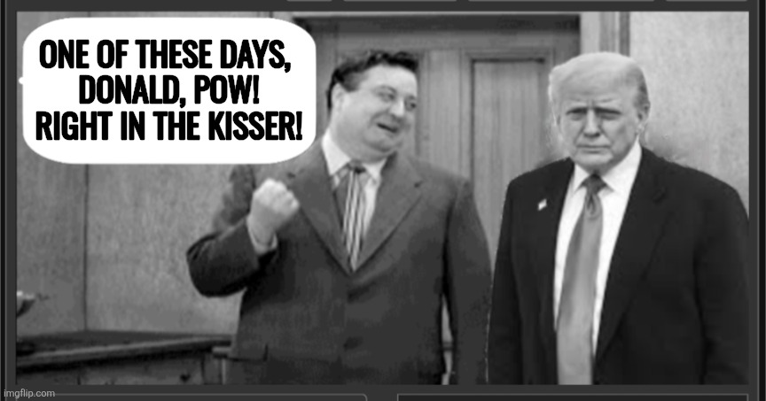 Kramden Knockout! | ONE OF THESE DAYS, 
DONALD, POW!
RIGHT IN THE KISSER! | image tagged in ralph kramden,honeymooners,trump,pow | made w/ Imgflip meme maker
