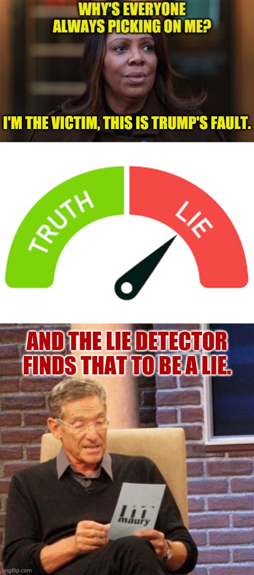 Letitia James | I'M THE VICTIM, THIS IS TRUMP'S FAULT. AND THE LIE DETECTOR FINDS THAT TO BE A LIE. | image tagged in lie detector,memes,maury lie detector,but that's not my fault,president trump,lie | made w/ Imgflip meme maker