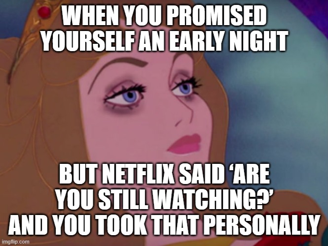 WHEN YOU PROMISED YOURSELF AN EARLY NIGHT | WHEN YOU PROMISED YOURSELF AN EARLY NIGHT; BUT NETFLIX SAID ‘ARE YOU STILL WATCHING?’ AND YOU TOOK THAT PERSONALLY | image tagged in sleeping beauty,night,netflix and chill,netflix,scumbag netflix,mental health | made w/ Imgflip meme maker