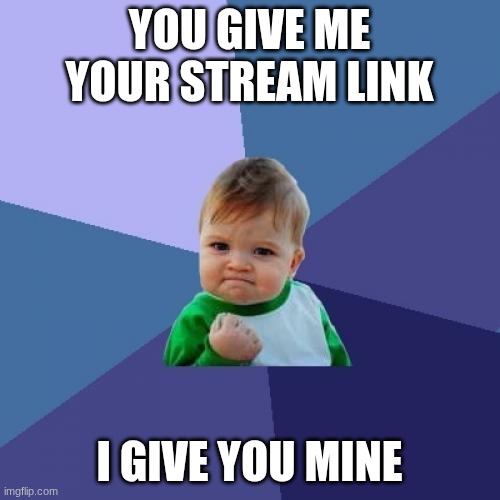 Success Kid Meme | YOU GIVE ME YOUR STREAM LINK I GIVE YOU MINE | image tagged in memes,success kid | made w/ Imgflip meme maker