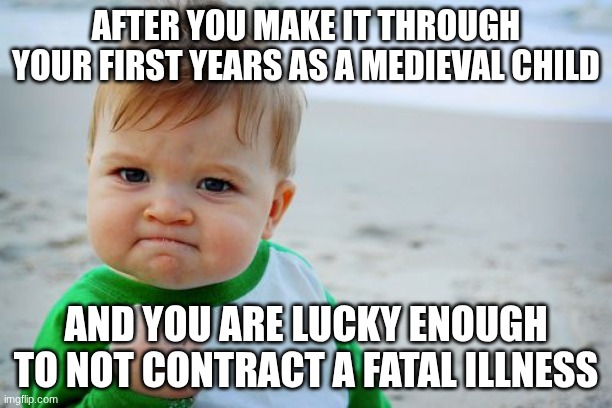 Medieval Life Meme | AFTER YOU MAKE IT THROUGH YOUR FIRST YEARS AS A MEDIEVAL CHILD; AND YOU ARE LUCKY ENOUGH TO NOT CONTRACT A FATAL ILLNESS | image tagged in memes,success kid original | made w/ Imgflip meme maker