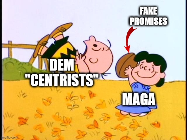 Dem Fumble | FAKE PROMISES; DEM
"CENTRISTS"; MAGA | image tagged in charlie brown football | made w/ Imgflip meme maker