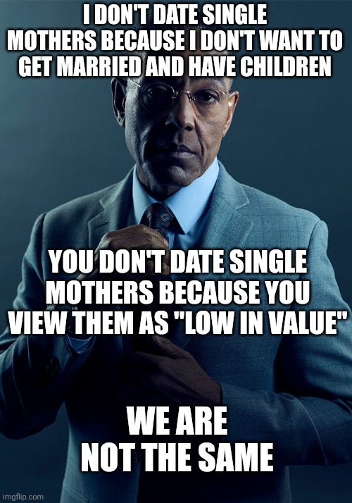 I don't date single mothers but not for a misogynist reason | I DON'T DATE SINGLE MOTHERS BECAUSE I DON'T WANT TO GET MARRIED AND HAVE CHILDREN; YOU DON'T DATE SINGLE MOTHERS BECAUSE YOU VIEW THEM AS "LOW IN VALUE"; WE ARE NOT THE SAME | image tagged in gus fring we are not the same,misogyny,single mom,dating | made w/ Imgflip meme maker