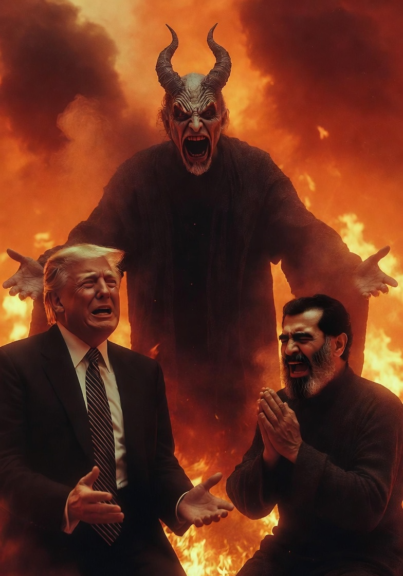 Donald Trump Saddam Hussein Satan burning in Hell Blank Meme Template