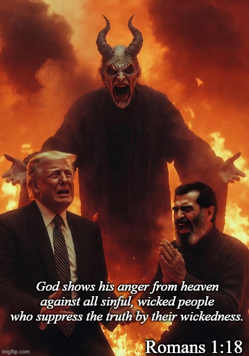 Donald Trump Saddam Hussein Satan burning in Hell | God shows his anger from heaven against all sinful, wicked people who suppress the truth by their wickedness. Romans 1:18 | image tagged in donald trump saddam hussein satan burning in hell | made w/ Imgflip meme maker