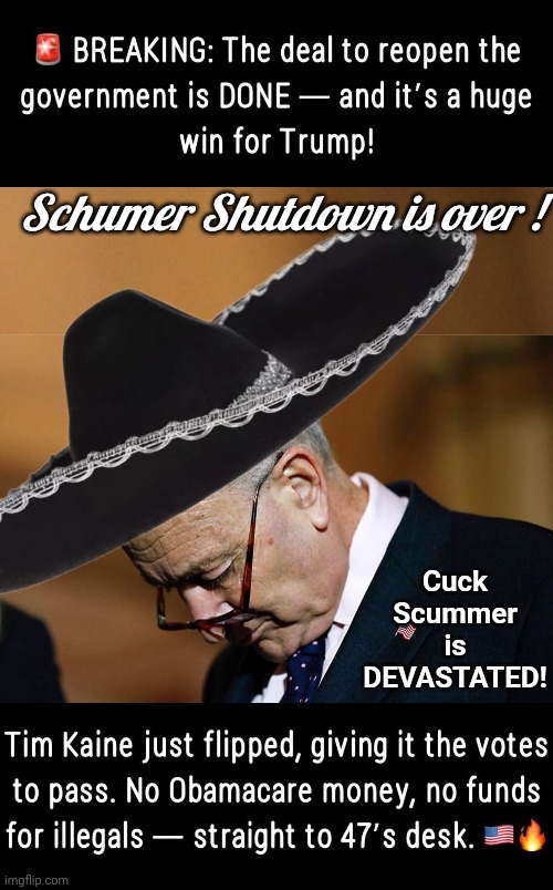Schumer's Shutdown is over | Schumer Shutdown is over ! Cuck Scummer is DEVASTATED! | image tagged in chuck schumer,government shutdown | made w/ Imgflip meme maker