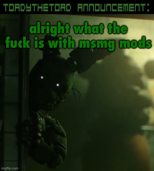 we got someone linking actual gore and then they ban me over it, what the fuck | alright what the fuck is with msmg mods | image tagged in toady announcement template | made w/ Imgflip meme maker