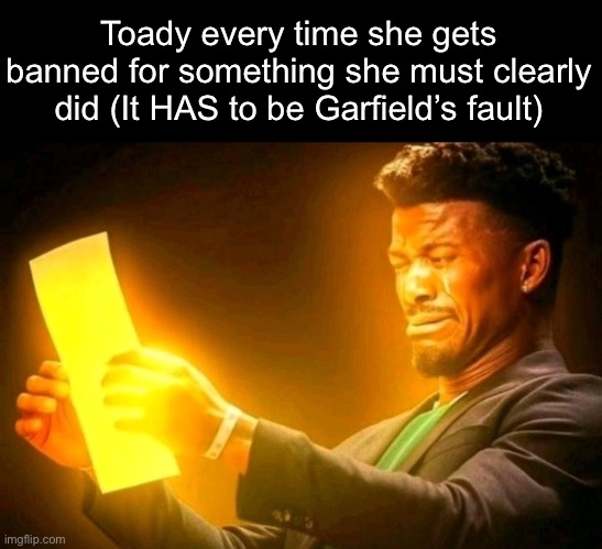jimmy butler cringe | Toady every time she gets banned for something she must clearly did (It HAS to be Garfield’s fault) | image tagged in jimmy butler cringe | made w/ Imgflip meme maker