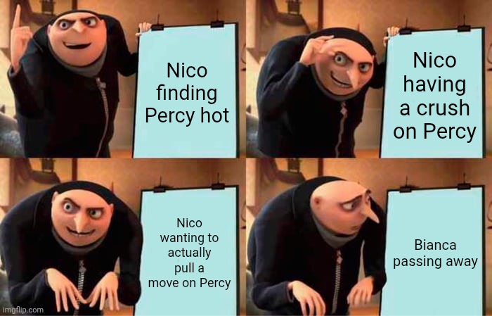 Gru's Plan | Nico finding Percy hot; Nico having a crush on Percy; Nico wanting to actually pull a move on Percy; Bianca passing away | image tagged in memes,gru's plan | made w/ Imgflip meme maker