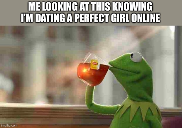 ME LOOKING AT THIS KNOWING I’M DATING A PERFECT GIRL ONLINE | image tagged in kermit sipping tea | made w/ Imgflip meme maker