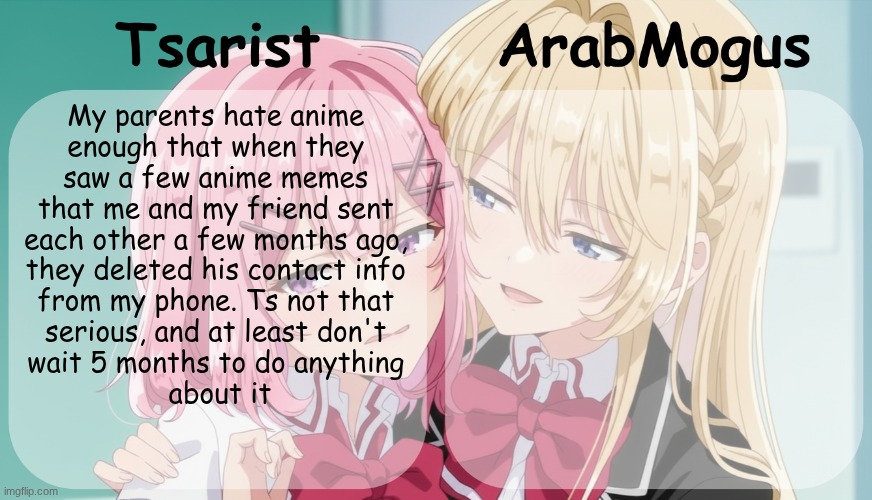 They really got nothing better to do | My parents hate anime 
enough that when they 
saw a few anime memes 

that me and my friend sent 
each other a few months ago, 
they deleted his contact info 
from my phone. Ts not that 
serious, and at least don't 
wait 5 months to do anything 
about it | image tagged in tsarist and arabmogus shared temp | made w/ Imgflip meme maker