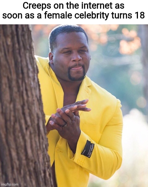 Black guy hiding behind tree | Creeps on the internet as soon as a female celebrity turns 18 | image tagged in black guy hiding behind tree,creeps,memes,lol | made w/ Imgflip meme maker