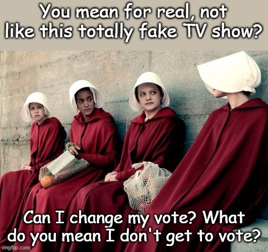 Handmaid's Tale | You mean for real, not like this totally fake TV show? Can I change my vote? What do you mean I don't get to vote? | image tagged in handmaid's tale | made w/ Imgflip meme maker