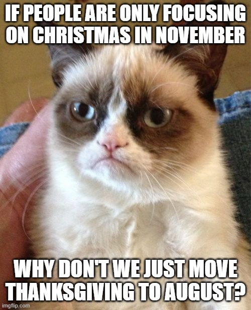 At least then, it'll have a holiday of its own. | IF PEOPLE ARE ONLY FOCUSING ON CHRISTMAS IN NOVEMBER; WHY DON'T WE JUST MOVE THANKSGIVING TO AUGUST? | image tagged in memes,grumpy cat,november,christmas,thanksgiving,holidays | made w/ Imgflip meme maker