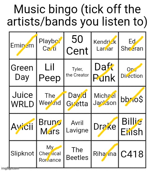 My response to the Music Bingo | image tagged in music bingo | made w/ Imgflip meme maker