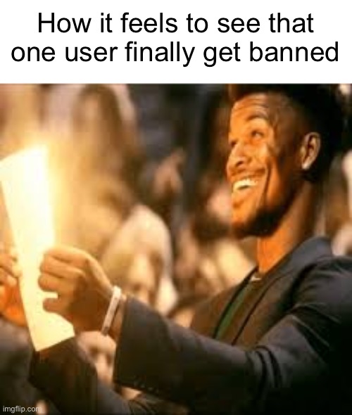 Jimmy butler happy | How it feels to see that one user finally get banned | image tagged in jimmy butler happy | made w/ Imgflip meme maker