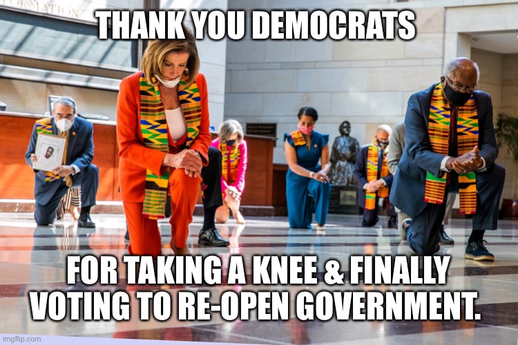 Thank you President Trump | THANK YOU DEMOCRATS; FOR TAKING A KNEE & FINALLY VOTING TO RE-OPEN GOVERNMENT. | image tagged in all for nothing | made w/ Imgflip meme maker