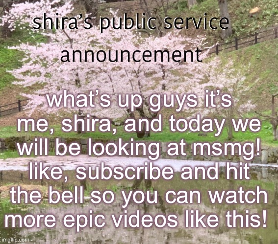 shira’s PSA | what’s up guys it’s me, shira, and today we will be looking at msmg! like, subscribe and hit the bell so you can watch more epic videos like this! | image tagged in shira s psa | made w/ Imgflip meme maker