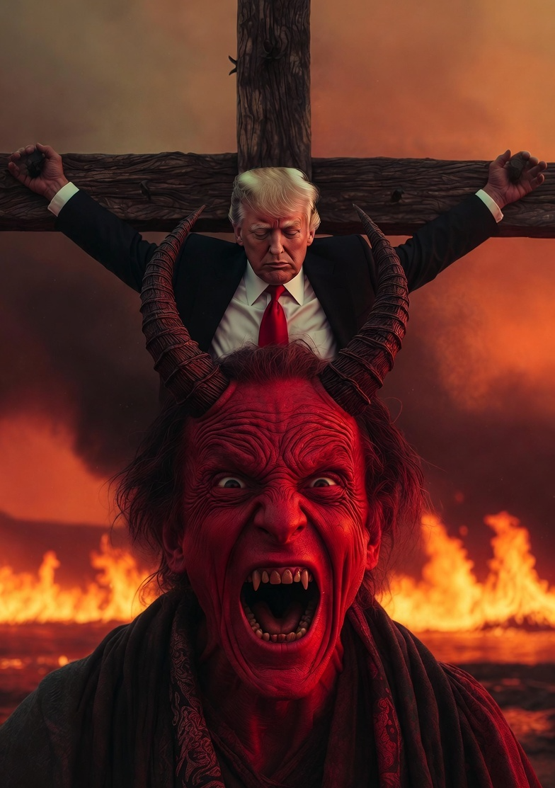 Donald Trump crucified in Hell laughing Satan Blank Meme Template