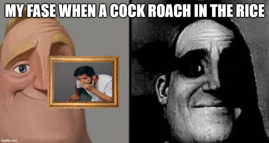 xzcccxzcvcxzvczc vbxcbxcn | MY FASE WHEN A COCK ROACH IN THE RICE | image tagged in dark mr incredible | made w/ Imgflip meme maker