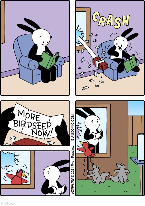 Buni Comics | image tagged in comics,buni comics,birdseed,squirrels,fake bird,brick | made w/ Imgflip meme maker