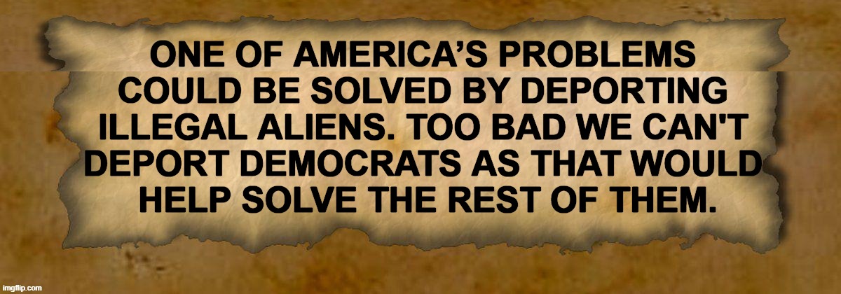 Simple Truth | ONE OF AMERICA’S PROBLEMS 
COULD BE SOLVED BY DEPORTING 
ILLEGAL ALIENS. TOO BAD WE CAN'T 
DEPORT DEMOCRATS AS THAT WOULD 
HELP SOLVE THE REST OF THEM. | image tagged in democrats,illegal aliens,liberals,liberalism,problem solved,political humor | made w/ Imgflip meme maker