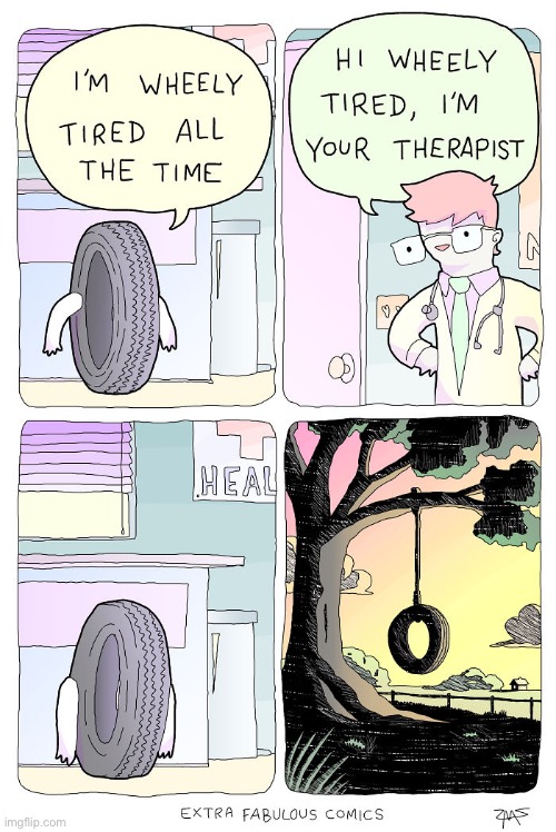 Extra Fabulous | image tagged in comics,extra fabulous,wheely tired,therapist,tire swing | made w/ Imgflip meme maker