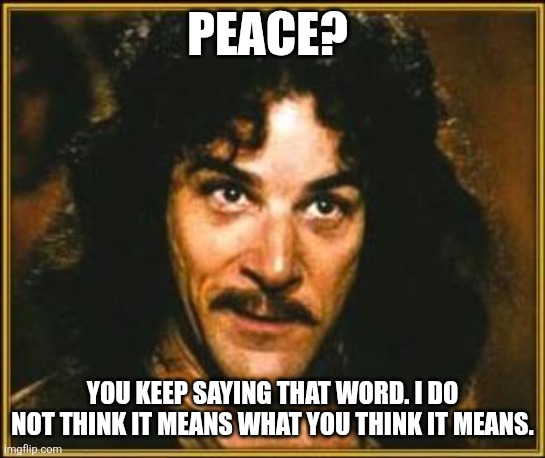 Peace? | PEACE? YOU KEEP SAYING THAT WORD. I DO NOT THINK IT MEANS WHAT YOU THINK IT MEANS. | image tagged in princess bride | made w/ Imgflip meme maker
