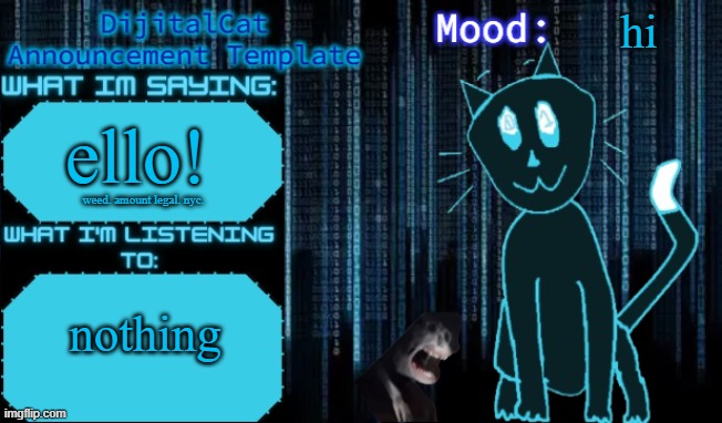 DijitalCat's Announcement Template | hi; ello! weed. amount legal. nyc. nothing | image tagged in dijitalcat's announcement template | made w/ Imgflip meme maker