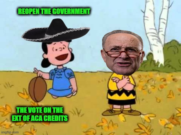 Sombrero Football and Charlie Schumer | REOPEN THE GOVERNMENT; THE VOTE ON THE EXT OF ACA CREDITS | image tagged in lucy football and charlie brown | made w/ Imgflip meme maker