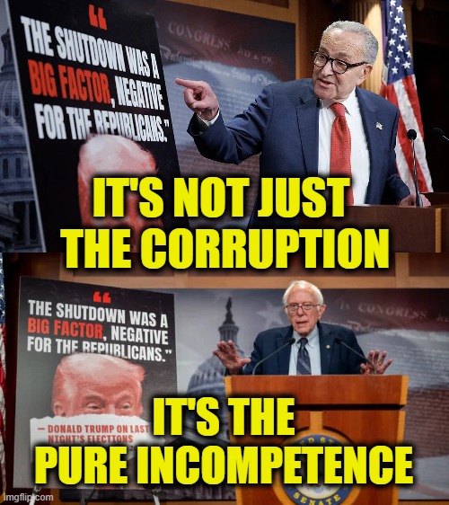 Shutdown blew up in their faces | IT'S NOT JUST
 THE CORRUPTION; IT'S THE
PURE INCOMPETENCE | image tagged in democrats | made w/ Imgflip meme maker