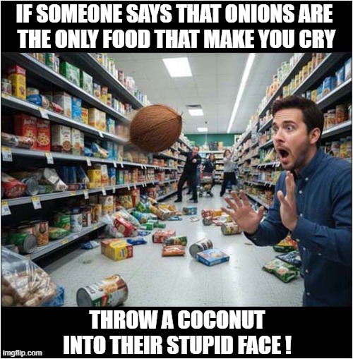 Proving A Point ! | IF SOMEONE SAYS THAT ONIONS ARE
 THE ONLY FOOD THAT MAKE YOU CRY; THROW A COCONUT INTO THEIR STUPID FACE ! | image tagged in onion,crying,throwing,coconut,proof | made w/ Imgflip meme maker