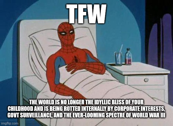 Yikes | TFW; THE WORLD IS NO LONGER THE IDYLLIC BLISS OF YOUR CHILDHOOD AND IS BEING ROTTED INTERNALLY BY CORPORATE INTERESTS, GOVT SURVEILLANCE, AND THE EVER-LOOMING SPECTRE OF WORLD WAR III | image tagged in memes,spiderman hospital,spiderman | made w/ Imgflip meme maker