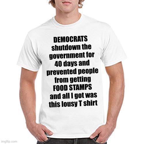 Backfire | DEMOCRATS 
shutdown the government for 40 days and
prevented people from getting FOOD STAMPS 
and all I got was this lousy T shirt | image tagged in blank t shirt | made w/ Imgflip meme maker