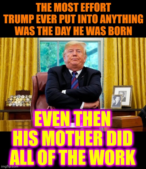 Moron | THE MOST EFFORT TRUMP EVER PUT INTO ANYTHING WAS THE DAY HE WAS BORN; EVEN THEN HIS MOTHER DID ALL OF THE WORK | image tagged in trump pouting,lock him up,trump lies,trump is pathetic,trump is disgusting,memes | made w/ Imgflip meme maker