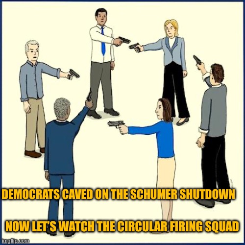 Current events in the Democrat regime | DEMOCRATS CAVED ON THE SCHUMER SHUTDOWN; NOW LET’S WATCH THE CIRCULAR FIRING SQUAD | image tagged in circular firing squad | made w/ Imgflip meme maker