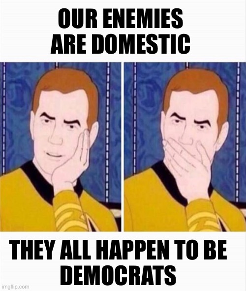 ops what a coincidence | OUR ENEMIES 
ARE DOMESTIC THEY ALL HAPPEN TO BE 
DEMOCRATS | image tagged in ops what a coincidence | made w/ Imgflip meme maker