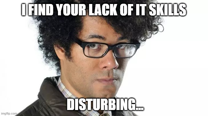 Moss Is Not Impressed | I FIND YOUR LACK OF IT SKILLS; DISTURBING... | image tagged in it crowd,moss,i find your lack of faith disturbing,star wars memes,it skills | made w/ Imgflip meme maker